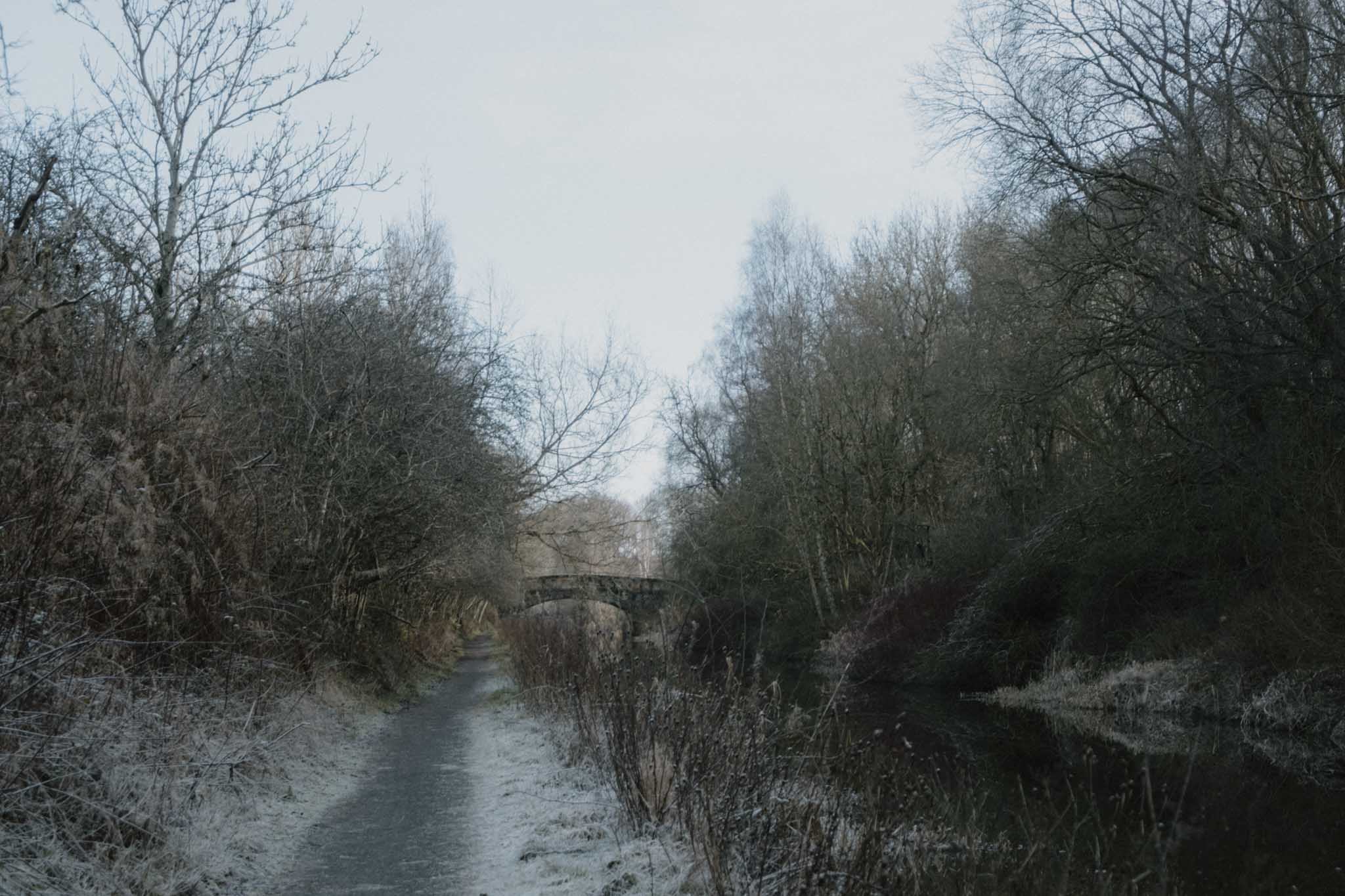 Frosted canal towpath near Philpstoun Bings